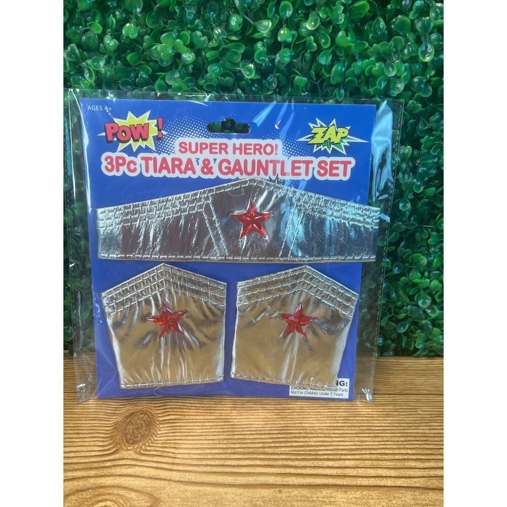3 pc Tiara & Gauntlet Set, Woman Super Hero Accessory Costume w magnetic closure